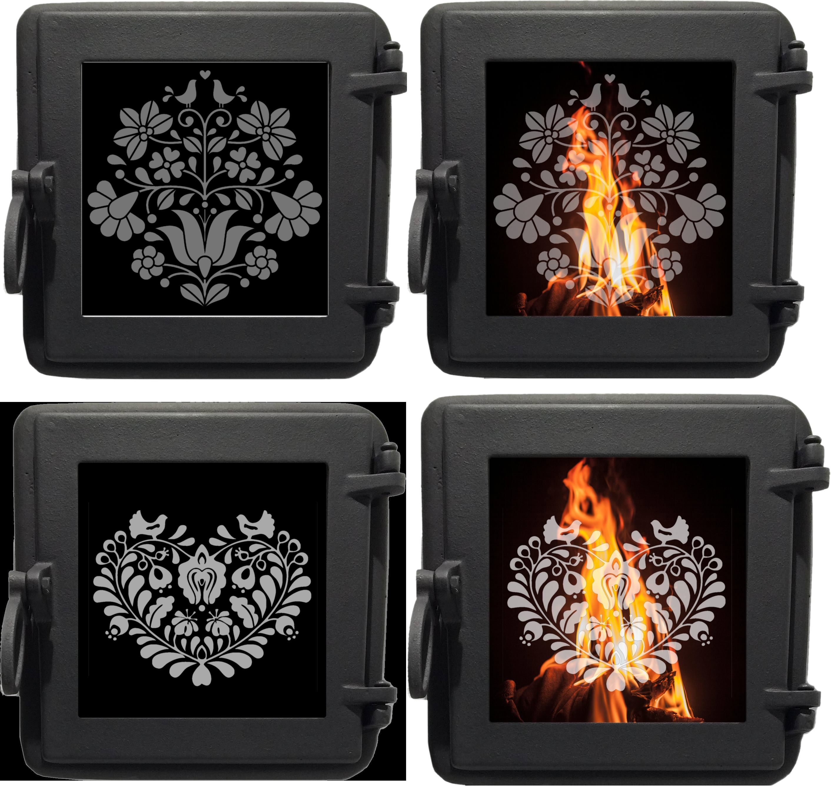 Hagyományos üveges cserépkályhaajtó, mintás üveggel